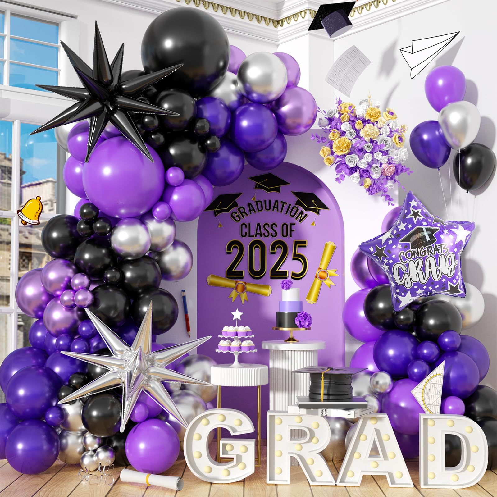 Balloon Arch Kit - 118-teiliges Lila-Schwarz-Silber Ballonbogen-Set, für Schule, Geburtstag,